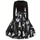 Women Graphic Print Gowns Dressing Dress Halloween Party Belted Flared Dress