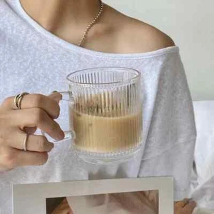 320ml Mug clear Glass Water Cup with Handle Coffee Milk Cups Bars Striped Cup - Picture 1 of 6