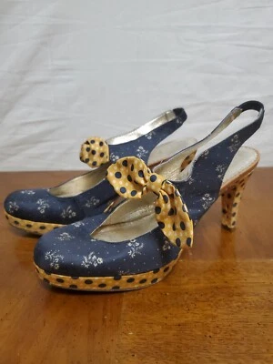 Miss Albright Anthropologie Blue Yellow Floral Polka Dot Slingback Heels Size 8 - Image 1 of 4