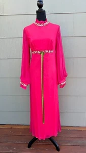 vtg 60s 70s pink chiffon floral embroidered bishop sleeve hostess maxi dress - Picture 1 of 19