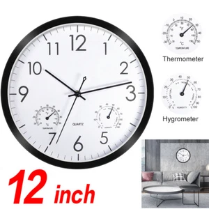 12''Analog Wall Clock Large Quartz Silent Indoor Outdoor W/ Temperature Humidity - Picture 1 of 12