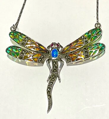 Sterling Silver Plique a Jour Ruby Blue Fire Opal Dragonfly Statement Necklace - Image 1 of 4