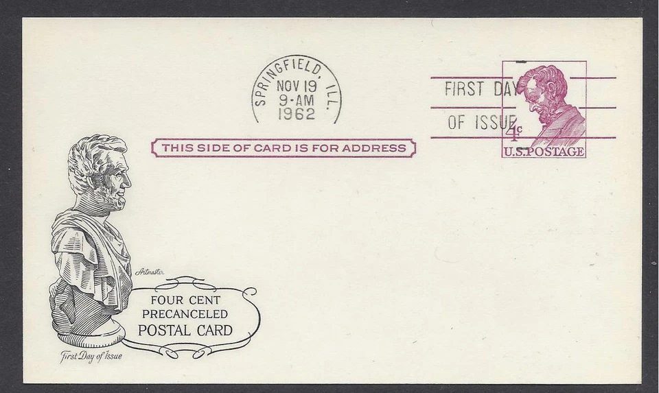 US Stamps 1962, 4 cent Lincoln FDC post card. Scott # UX48.  MNH-VF - Image 1 of 1