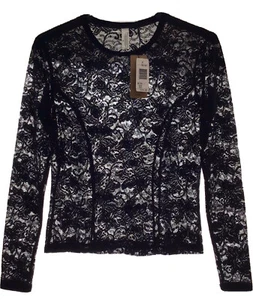 Top de encaje Donna Karan - Manga larga - Mezcla de algodón negro - Borde de terciopelo - Talla M - (S) de colección nuevo con etiquetas - Imagen 1 de 12