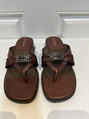 Sandálias femininas Minnetonka couro marrom bloco salto baixo verão tamanho 10 - Imagem 1 de 4