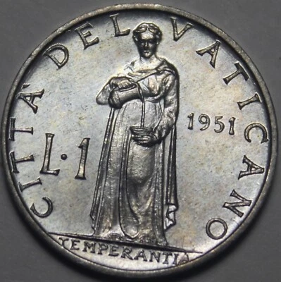 Vatican City Lira, 1951 Gem Unc~Rare 400,000 Minted~Pope Pius XII~Free Shipping - Image 1 of 2