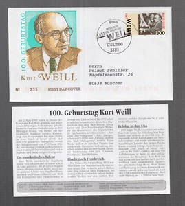 BRD 2000 FDC + Beschreibung - 100. Geburtstag Kurt Weill Komponist / Probe Venus - Picture 1 of 1