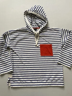 J. Sudadera con capucha Crew Top para mujer M azul parche bolsillo tela marinera a rayas AH664 Foto 1 de 4