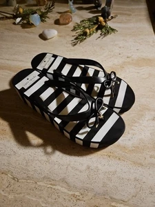 Kate Spade schwarz weiß gestreift gepunktet Plateau Keilabsatz Flip Flop Sandalen Größe 8M - Bild 1 von 9
