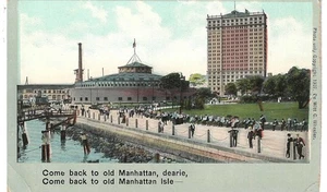"Come back to old Manhattan Isle" 1907 unused card showing Sunday strollers - Picture 1 of 2