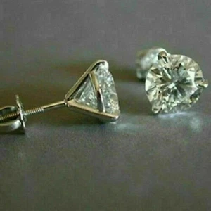 6mm Round Cut Moissanite Screw Back 3 Prong Stud Earrings 14K White Gold Plated - Picture 1 of 8