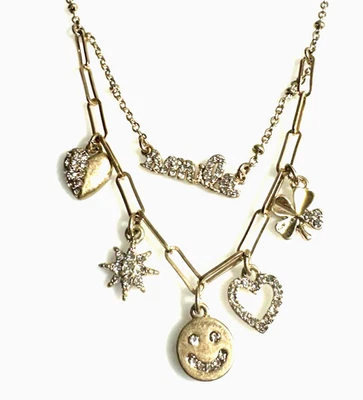lonna & lilly Gold-Tone Pave SMILE Word Face Clover Heart Charm Necklace New $55 - Image 1 of 4