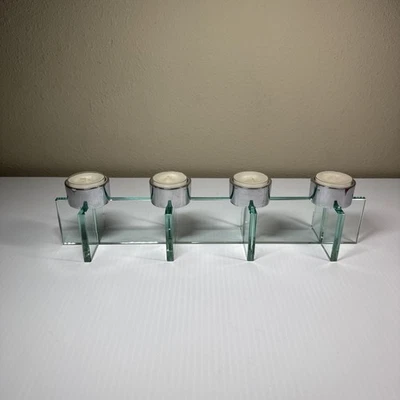 Votive Tea Light 4 Candle Holder Glass & Chrome 4”x14” - Image 1 of 4