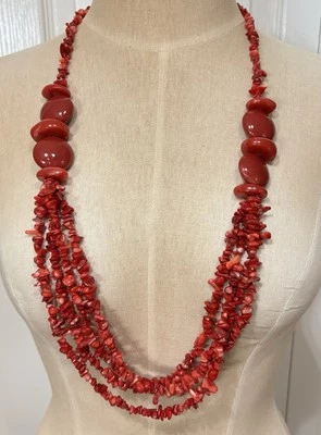 Chico’s Red Faux Coral Bead Long MultiStrand Necklace Silver Tone Metal 31”-35” - Image 1 of 4