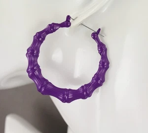 Purple hoops bamboo earrings 2 1/8" door knocker color hollow metal lightweight - Picture 1 of 13
