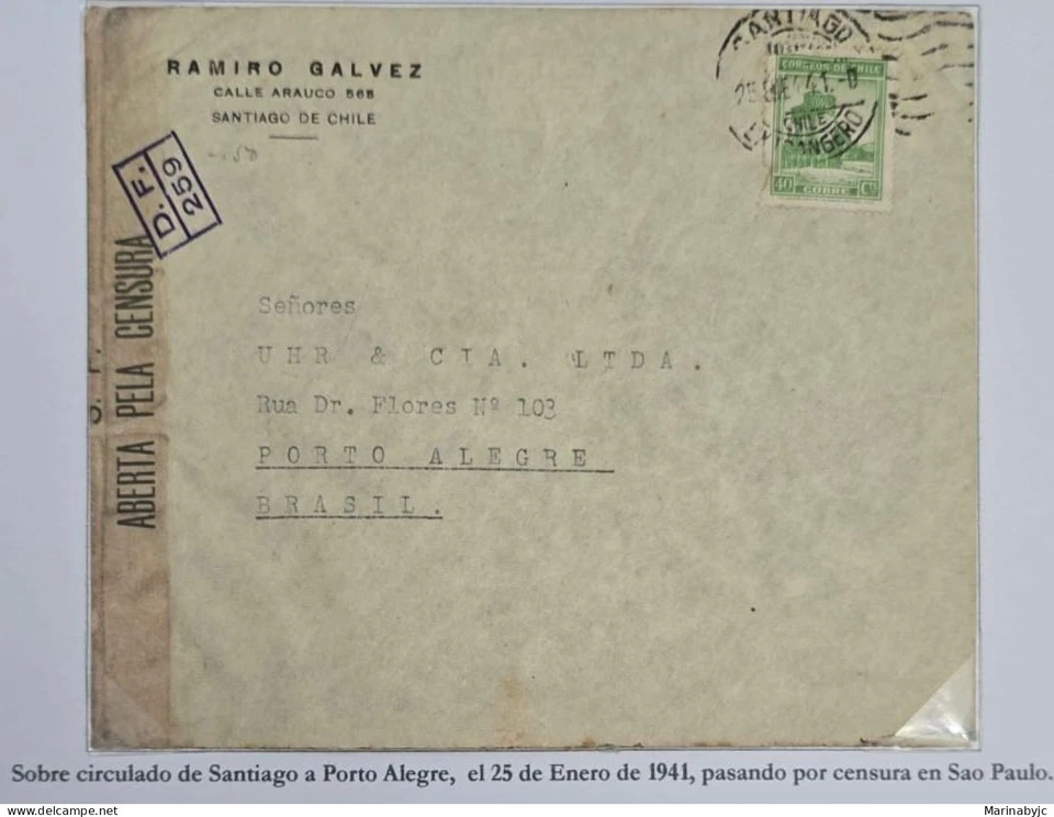 KV) 1941 CHILE, LETTER FROM SANTIAGO TO PORTO ALEGRE, BRAZIL, WITH A GREEN "CHIL - Image 1 of 1