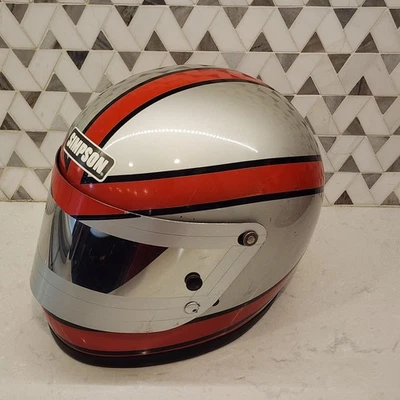 Simpson Racing Helmet Snell 1975. Size 7 3/8. Silver With Red And Black Stripes - Image 1 of 4
