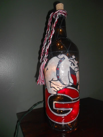 Georgia Bulldogs Inspired Hand Painted Lighted Wine Bottle Stained Glass look Cover
