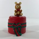 Vintage Wooden Christmas Trinket Gift Box Red Wood w/ Teddy Bear Lid  2x3.75in