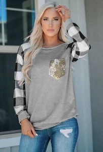 Neu Damen grau schwarz Buffalo Print Rundhalsausschnitt Pailletten Tasche Top Gr. M (8-10) - Bild 1 von 2