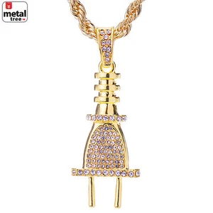 Colgante enchufe eléctrico helado chapado en oro de 14k para hombre cadena de cuerda de 24" HC 1123 G - Imagen 1 de 4