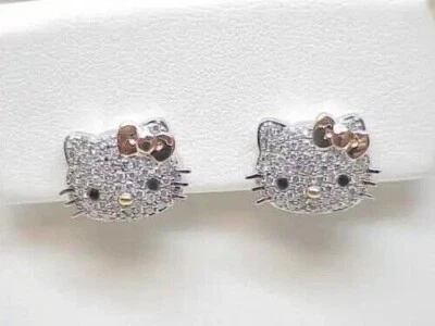 1.30Ct Round Simulated Diamond Hello Kitty Stud Earrings 14k White Gold Plated - Image 1 of 4