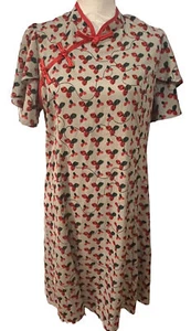 VTG Kimono Style Asian Dress Tan Red Green Floral Short Ruffle Sleeve Bow Medium - Picture 1 of 11
