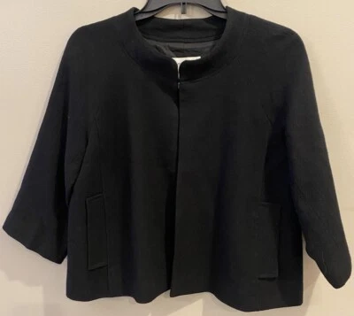 Chaqueta corta Bloomingdale’s para mujer frente abierto negra talla 6 mezcla de lana manga 3/4 Foto 1 de 4