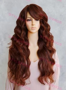 Dark/Red Auburn Mix Long Loose Curls Heat OK Human Hair Blend Wig EVBC 33/130 - Picture 1 of 7