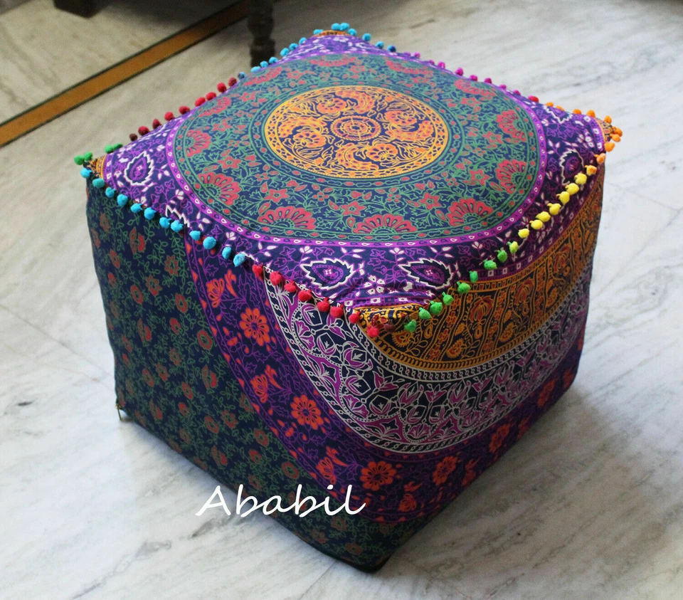 22" Square Ottoman 18" Pouf Cover Indian Multi Mandala Indian 20" Footstool Case - Image 1 of 1