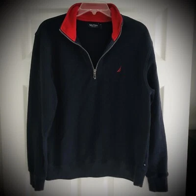Pullover polar Nautica azul marino con cuello rojo 1/2 cremallera para hombre mediano Foto 1 de 4