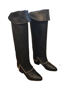 CHANEL Calfskin Over the Knee Chain Detail Black CC Interlocking  Boots - 38 - Picture 1 of 9