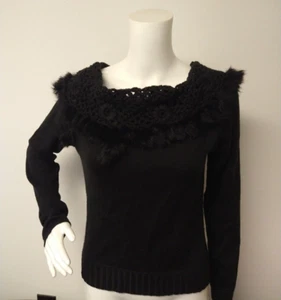 Womens Gaby & Eden Size M Black Fur trimmed Crochet Cowl shawl Collar Sweater - Picture 1 of 8