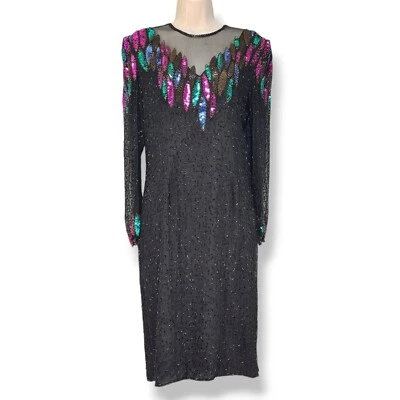 Vintage Scala Black Silk Beaded Sequin Mini Dress Women’s Size M  - Image 1 of 4