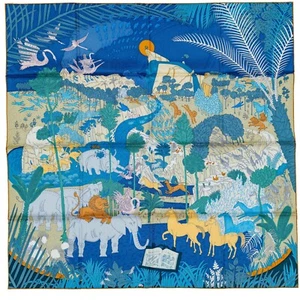 Auth. Hermes Silk Scarf Le Carnaval des Animaux - Bleu Jean Vert Beige - New Tag - Picture 1 of 12