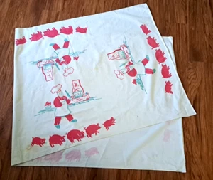 Vintage Block Print Tablecloth Pigs Butcher BBQ Cotton Mid Century Red 83x34 - Picture 1 of 7