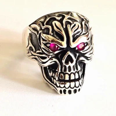 Anel de crânio de motociclista sólido prata esterlina 925 vermelho olhos CZ tamanhos 9-13 - Imagem 1 de 4