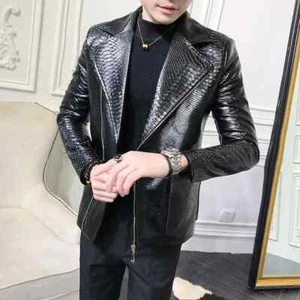 Men Black Python Print Solid Motorcycle Biker Leather Jacket, Men Black Python E - Picture 1 of 7