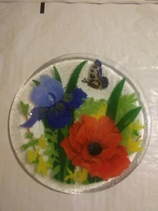 Peggy Karr Fused Art Glass Plate 7 3/4" Spring Poppy Iris Flowers Butterfly EUC - Picture 1 of 8