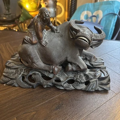 Antique Finely Carved Chinese Hardwood Boy Riding Water Buffalo  On Base - Image 1 of 4