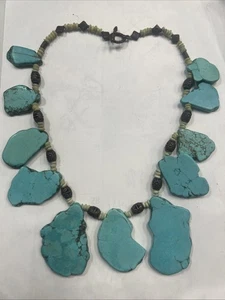 Turquoise Necklace Slab Beaded Pendant Boho Southwestern Vtg Sterling 25” - Picture 1 of 5