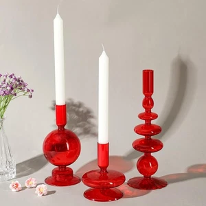 3 Piezas Candelabros de Vidrio Rojo Groovy Ondulado Elegante Decoración de Navidad - Imagen 1 de 6