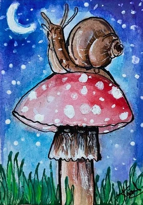 ACEO Whimsical Snail on Mushroom Night Sky Acrylic Painting Art Card Fantasy NEW - image 1 of 4