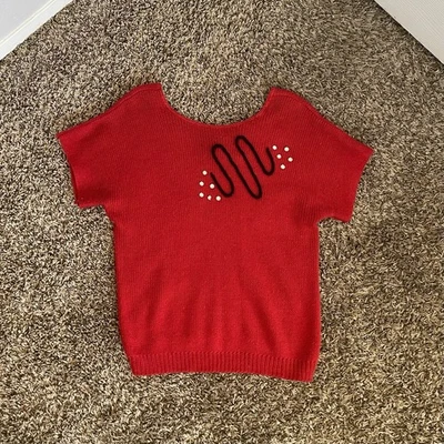 1980s Pronto Mods Size Large Red Abstract Squiggle And Gems Sweater Short Sleeve - Image 1 of 4