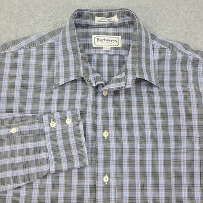 Burberry of London Button Dress Shirt Men L 16.5 35 LS Blue Black Plaid Made USA - Image 1 of 4