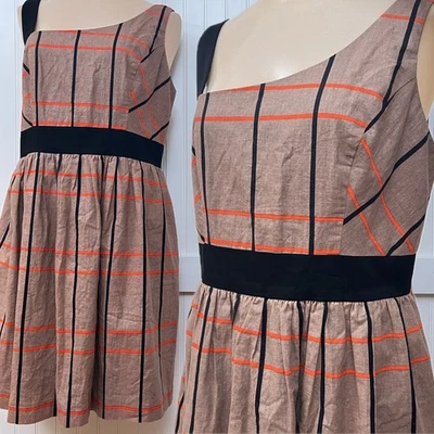 Brooklyn Industries NWT Clarisse Dress Plaid Striped Brown Empire Pockets Linen - Image 1 of 4