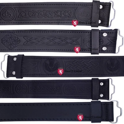 Scottish Leather Kilt Belt For Men Celtic Thistle Embossed Adjustable Belts - Image 1 of 4