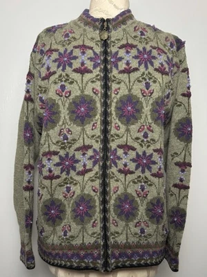 Icelandic Design L Wool Floral Cardigan Jacket Green Purple Zip Sweater Pockets - Image 1 of 4