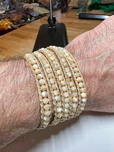 Pulsera Bangel Ojo de Gato Cuarzo Cristal Piedras Preciosas Cinco Bandas Cuero Envuelto - Imagen 1 de 8