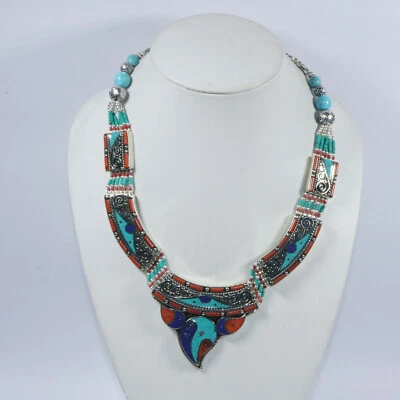 Colar feminino antigo tibetano nepalês persa boho turquesa coral joia N99 - Imagem 1 de 4